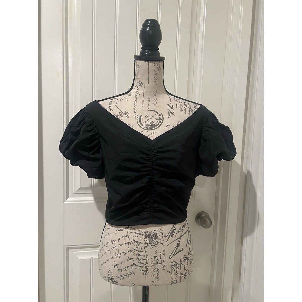 Express Women’s V-Neck Puff Sleeve Cropped Lined Top Black Rutched Zip Back Sz 6
